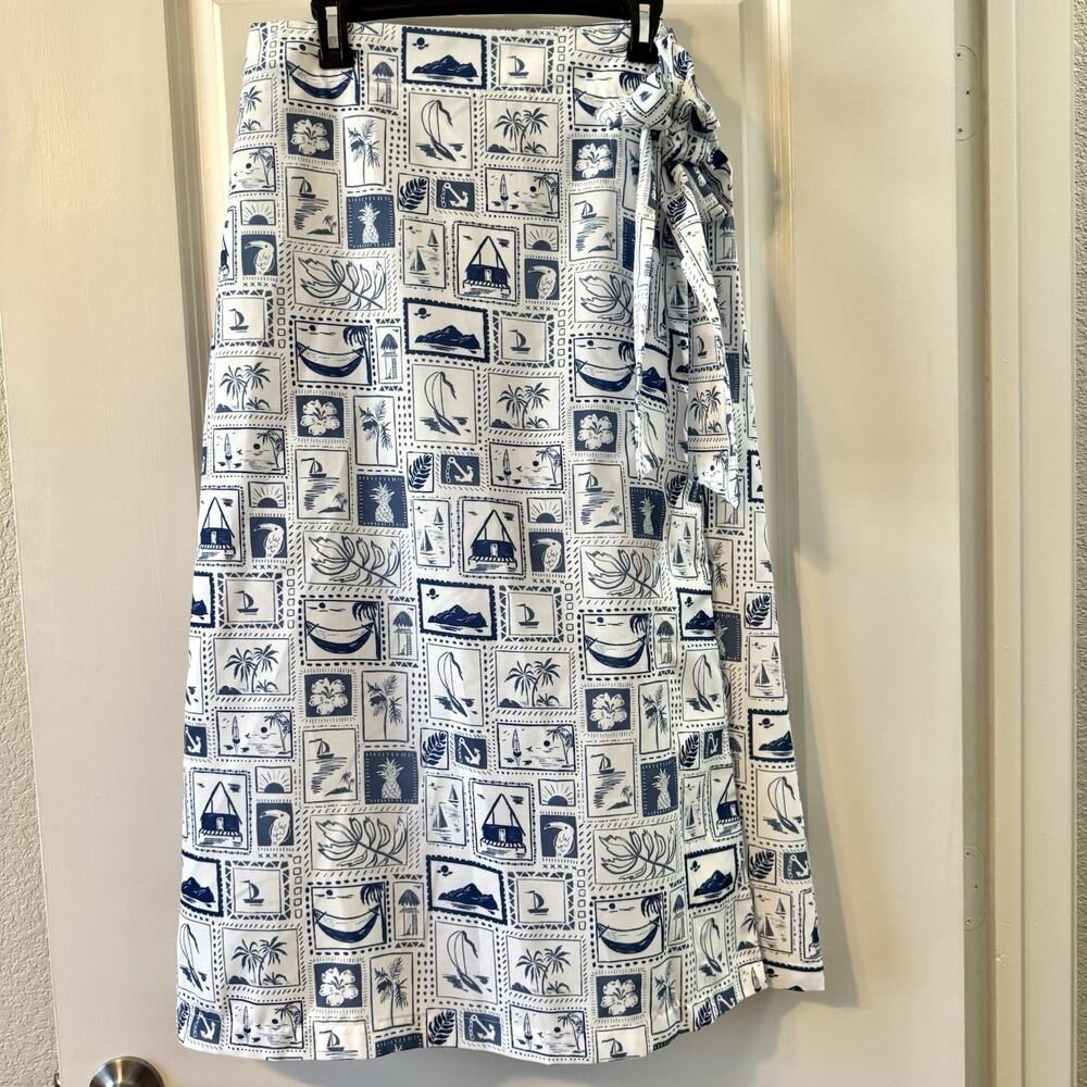 MABLE Womens Medium Wrap Midi Skirt Blue White Tropical Nautical Beach Vacation